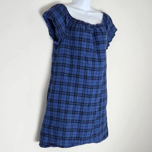 Madewell Plaid Ruffle Off Shoulder Mini Dress Linen Cotton Blend Size 8 - Picture 2 of 13